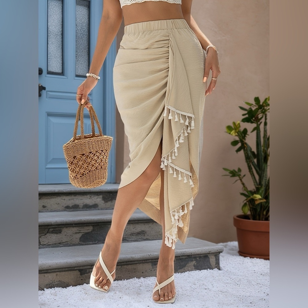 Asymmetric Tassel Wrap Skirt